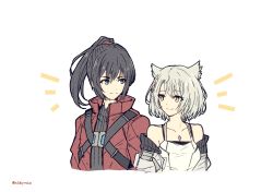 Rule 34 | 1boy, 1girl, animal ears, black hair, blue eyes, closed mouth, cropped torso, highres, long hair, looking at another, mio (xenoblade), mochimochi (xseynao), noah (xenoblade), ponytail, short hair, simple background, smile, white background, white hair, xenoblade chronicles (series), xenoblade chronicles 3, yellow eyes
