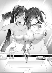 Rule 34 | 2girls, ;q, asymmetrical docking, breast press, breasts, cellphone, cleavage, closed mouth, collarbone, dark-skinned female, dark skin, greyscale, hair between eyes, highres, holding, holding phone, large breasts, long hair, looking at viewer, mirror, mole, mole on breast, monochrome, multiple girls, naked towel, one eye closed, original, phone, ponytail, shibi, side ponytail, sink, smile, soap, tissue, tissue box, tongue, tongue out, towel, v