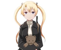 Rule 34 | 00s, 1girl, blonde hair, blue eyes, coat, female focus, gun, gunslinger girl, hair ornament, hair ribbon, light smile, long hair, looking at viewer, ribbon, simple background, solo, stuffed animal, stuffed toy, teddy bear, triela, twintails, upper body, weapon, white background, wk (low-f)
