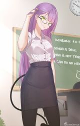 Rule 34 | angry, black-framed eyewear, black pantyhose, black skirt, blunt bangs, buttons, chalkboard, clipboard, collared shirt, commentary, cowboy shot, demon tail, desk, ear piercing, english commentary, english text, glasses, green eyes, hair down, hair lift, hand in own hair, highres, holding, holding clipboard, hololive, hot, long hair, neck, pantyhose, pencil skirt, piercing, pout, purple hair, shirt, skirt, solo, sweat, tail, teacher, therrao, tokoyami towa, v-shaped eyebrows, very long hair, virtual youtuber, white shirt