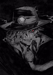 Rule 34 | 1boy, edmond dantes (fate), fate/grand order, fate (series), grin, hair over one eye, hat, highres, miwa shirow, monochrome, necktie, red eyes, smile, spot color