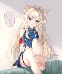 Rule 34 | 1girl, animal ears, armband, barefoot, bed, blonde hair, blue hair, blush, breasts, buttons, cat ears, collar, commentary, fang, fingerless gloves, gloves, head tilt, heart, highres, himehina channel, indoors, kei (limitedgirl), kemonomimi mode, long hair, looking at viewer, multicolored hair, no headwear, on bed, open mouth, purple eyes, red armband, shorts, sidelocks, sitting, sleeveless, smile, soles, solo, speech bubble, streaked hair, suspender shorts, suspenders, suzuki hina, thighs, translated, very long hair, virtual youtuber