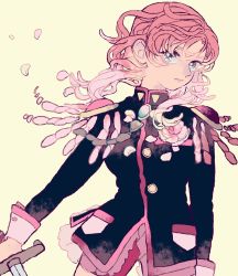 Rule 34 | 1girl, blue eyes, closed mouth, floating hair, flower, highres, holding, holding sword, holding weapon, long hair, long sleeves, looking at viewer, matatatatabi, petals, pink flower, pink hair, pink rose, rose, rose petals, shoujo kakumei utena, simple background, solo, sword, tenjou utena, weapon, wind, yellow background