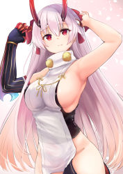 Rule 34 | 1girl, arm up, armpits, arms up, asymmetrical gloves, backless outfit, bare shoulders, black gloves, blonde hair, blush, breasts, closed mouth, cowboy shot, elbow gloves, fate/grand order, fate (series), gloves, gradient background, gradient hair, groin, hair between eyes, headband, highres, hip focus, horns, large breasts, long hair, looking at viewer, md5 mismatch, multicolored hair, neneru, oni horns, pelvic curtain, pink background, red eyes, resolution mismatch, revision, side slit, sideboob, silver hair, single elbow glove, single glove, sleeveless, sleeveless turtleneck, slit pupils, smile, solo, source larger, standing, straight hair, tabard, tomoe gozen (fate), turtleneck, uneven gloves, very long hair