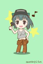 Rule 34 | 10s, 1girl, :d, brown eyes, chibi, green hair, hammer, highres, kantai collection, mae (maesanpicture), midriff, musical note, navel, open mouth, ponytail, quaver, simple background, smile, solo, tank top, twitter username, yuubari (kancolle)