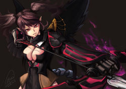 Rule 34 | 10s, 1girl, absurdres, archer (dragon nest), armor, arrow (projectile), black wings, bow (weapon), breasts, brown hair, cleavage, dragon nest, gauntlets, highres, large breasts, pointy ears, red eyes, shou mai, weapon, wings