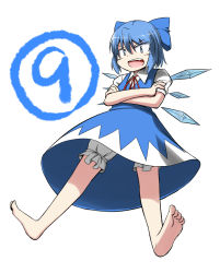 Rule 34 | 1girl, aoinu, barefoot, bloomers, blue dress, blue eyes, blue hair, bow, circled 9, cirno, crossed arms, dress, fang, female focus, full body, hair bow, looking at viewer, matching hair/eyes, open mouth, ribbon, short hair, simple background, solo, touhou, underwear, white background, wings