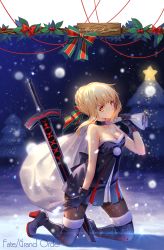 Rule 34 | 1girl, artoria pendragon (all), artoria pendragon (fate), bare arms, bare shoulders, black footwear, black gloves, blonde hair, boots, collarbone, copyright name, dress, fate/grand order, fate (series), full body, fur-trimmed boots, fur trim, gloves, hair ribbon, hand up, high heel boots, high heels, highres, holding, kneeling, looking at viewer, merry christmas, motion blur, night, night sky, outdoors, over shoulder, pantyhose, planted, planted sword, planted weapon, ribbon, saber alter, sack, santa alter, short hair, sidelocks, sky, snow, snowing, solo, star (symbol), strapless, strapless dress, sword, thigh boots, thighhighs, tidsean, tree, unsheathed, weapon, yellow eyes