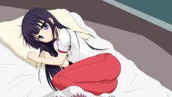 Rule 34 | 1girl, bed, blue eyes, blush, gym uniform, highres, long hair, looking at viewer, lying, on bed, on side, pants, pillow, purple hair, smile, solo, sweatpants, tom-ani, working!!, yamada aoi