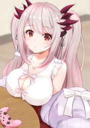 Rule 34 | 1girl, nanashi inc., blush, breast rest, breasts, breasts on table, cardigan, cleavage, cleavage cutout, clothing cutout, controller, dress, frilled dress, frills, hair ornament, highres, honey strap, kotatsu, large breasts, long hair, looking at viewer, multicolored hair, off-shoulder sweater, off shoulder, open cardigan, open clothes, pink hair, pom pom (clothes), pom pom hair ornament, red eyes, sahatarakau, sleeveless, sleeveless dress, sleeves past fingers, sleeves past wrists, solo, suou patra, sweater, swept bangs, table, twintails, virtual youtuber, white dress, white sweater
