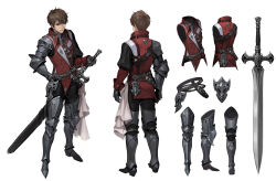 1boy armor armored_boots belt boots brown_belt brown_eyes brown_hair commentary concept_art dermiss english_commentary fantasy full_body gauntlets hand_on_own_hip highres jacket knight male_focus multiple_views original pauldrons red_jacket sheath sheathed short_hair shoulder_armor simple_background single_pauldron sword weapon white_background