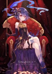 Rule 34 | 1girl, alice (sinoalice), anniversary, black gloves, blue hair, bow, coin, dress, elbow gloves, english text, expressionless, gloves, hair bow, high heels, legband, crossed legs, looking at viewer, mizumizu (phoenix), pulling, red eyes, ribbon, rope, short hair, sinoalice, sitting, solo, tattoo, throne