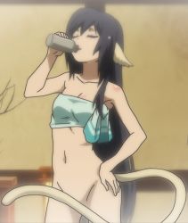 Rule 34 | 1girl, absurdly long hair, animal ears, aquaplus, arm up, bare arms, bare legs, bare shoulders, black hair, bottle, bottomless, breasts, cat tail, cleavage, closed eyes, collarbone, covering privates, covering crotch, cowboy shot, drink, drinking, eyelashes, hair between eyes, hair down, hair over shoulder, hand on own hip, indoors, kuon (utawarerumono), lantern, long hair, medium breasts, no bra, open mouth, raised eyebrows, shiny skin, sidelocks, sleeveless, solo, standing, swept bangs, tail, thighs, third-party edit, toned, toned female, towel over breasts, utawarerumono, utawarerumono: itsuwari no kamen, very long hair, wet, wet hair, white fox (company)