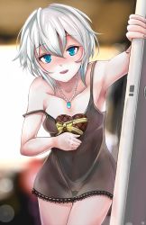 Rule 34 | 1girl, :d, anastasia (idolmaster), armpits, backlighting, blush, bow, box, breasts, camisole, cleft of venus, collarbone, cowboy shot, day, door, earrings, foreshortening, gift, gift box, groin, heart-shaped box, highres, holding, holding box, holding gift, idolmaster, idolmaster cinderella girls, indoors, jewelry, lens flare, looking at viewer, medium breasts, navel, necklace, nipples, nonoririn, nose blush, open mouth, pearl necklace, pendant, pussy, see-through, silver hair, smile, solo, standing, strap slip, thigh gap, thighs, underwear, underwear only, yellow bow