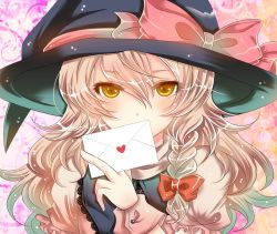 Rule 34 | 1girl, bad id, bad pixiv id, blonde hair, bow, braid, brown eyes, covering own mouth, detached collar, face, female focus, hair bow, hat, hat bow, kirisame marisa, letter, long hair, looking at viewer, love letter, puffy sleeves, shisei (kyuushoku banchou), short sleeves, side braid, single braid, solo, touhou, witch hat, yellow eyes