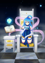 Rule 34 | 1girl, absurdres, aqua (konosuba), aqua eyes, aqua hair, bare shoulders, blue thighhighs, book, boots, checkered floor, convenient censoring, cube, drawer, elbow gloves, fingerless gloves, floating, floating object, gloves, hair bobbles, hair ornament, hair rings, hand on own knee, hand on own leg, highres, hugging own legs, knees to chest, kono subarashii sekai ni shukufuku wo!, long hair, looking at viewer, miniskirt, mkldragon, reflective floor, sitting, skirt, sleeveless, smile, solo, thigh boots, thighhighs, thighs, throne, white gloves