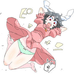 Rule 34 | 1girl, animal ears, aono3, arms up, black hair, breasts, carrot, cold, inaba tewi, open mouth, panties, rabbit ears, red eyes, short hair, simple background, solo, striped clothes, striped panties, thigh gap, touhou, underwear, white background