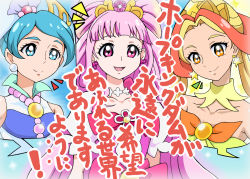 Rule 34 | 3girls, blonde hair, blue eyes, blue hair, chieri (go! princess precure), commentary request, go! princess precure, gradient background, long hair, magical girl, multicolored hair, multiple girls, orange eyes, pink eyes, pink hair, precure, previous cure flora, previous cure mermaid, previous cure twinkle, red hair, sei (go! princess precure), smile, two-tone hair, watosonshi, yura (go! princess precure)