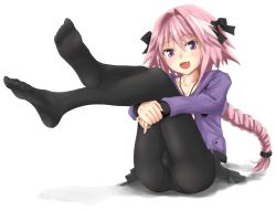 Rule 34 | 1boy, ass, astolfo (fate), astolfo (memories at trifas) (fate), blush, bow, braid, bulge, casual, crokase, fang, fate/apocrypha, fate/grand order, fate (series), feet, foot focus, hair bow, hair intakes, jacket, leg hold, legs, legs up, long hair, looking at viewer, male focus, multicolored hair, no shoes, official alternate costume, open mouth, panties, panties under pantyhose, pantyhose, pink hair, purple eyes, simple background, single braid, sitting, skin fang, skirt, smile, solo, trap, underwear, very long hair, white background, white hair