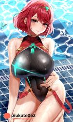 Rule 34 | 1girl, breasts, cleft of venus, competition swimsuit, highres, huge breasts, kneeling, looking at viewer, nintendo, one-piece swimsuit, piukute062, poolside, pyra (xenoblade), red eyes, red hair, short hair, solo, swimsuit, wet, xenoblade chronicles (series), xenoblade chronicles 2