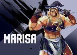 Rule 34 | 1girl, abs, absurdres, apron, black gloves, black skirt, black sports bra, blonde hair, braid, chain, character name, cosplay, cowboy shot, female focus, fighting stance, filip kull, frilled skirt, frills, gloves, gold chain, hair ribbon, hat, highres, kirisame marisa, marisa (street fighter), marisa (street fighter) (cosplay), mini-hakkero, muscular, muscular female, name connection, ribbon, single braid, skirt, smile, sports bra, street fighter, street fighter 6, touhou, white apron, witch hat, yellow eyes