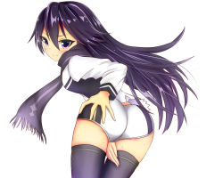 Rule 34 | 1girl, artist request, ass, ass grab, blush, breasts, from behind, frown, grabbing own ass, highres, kuroki rei, leaning, leaning forward, long hair, looking at viewer, purple eyes, purple hair, scarf, school uniform, short shorts, shorts, small breasts, solo, sweat, thighhighs, vividred operation