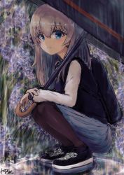 Rule 34 | 10s, 1girl, absurdres, artist name, backpack, bag, black jacket, black pantyhose, blue eyes, blue footwear, blue skirt, blurry, blurry background, casual, closed mouth, commentary request, cross-laced footwear, day, flower, from side, frown, girls und panzer, highres, holding, holding umbrella, huge filesize, itsumi erika, jacket, karu (ricardo 2628), letterman jacket, long hair, long sleeves, looking at viewer, medium skirt, outdoors, pantyhose, partial commentary, plant, pleated skirt, puddle, rain, shoes, signature, silver hair, skirt, sneakers, solo, squatting, umbrella
