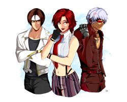 Rule 34 | 1girl, 2boys, absurdres, breasts, gloves, highres, k&#039; (kof), kusanagi kyou, large breasts, midriff, mature female, multiple boys, navel, red eyes, red hair, snk, the king of fighters, vanessa (kof)
