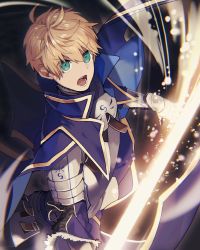 Rule 34 | 1boy, armor, armored dress, arthur pendragon (fate), black background, blonde hair, blue cape, blue dress, breastplate, cape, dress, excalibur (fate/prototype), excalibur (fate/stay night), eyebrows, fate/grand order, fate/prototype, fate (series), faulds, gauntlets, glowing, glowing sword, glowing weapon, greaves, green eyes, hair between eyes, highres, holding, holding sword, holding weapon, male focus, open mouth, pauldrons, sayu (kamicimo), short hair, shoulder armor, simple background, solo, sword, weapon