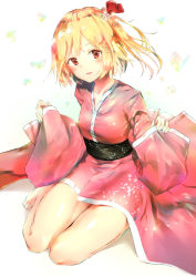 Rule 34 | 1girl, alternate costume, barefoot, blonde hair, breasts, commentary request, flandre scarlet, hair ornament, heart, highres, japanese clothes, kimono, long sleeves, looking at viewer, obi, parted lips, pink kimono, red eyes, sakusyo, sash, seiza, short hair, short kimono, side ponytail, simple background, sitting, small breasts, smile, solo, thighs, touhou, white background, wide sleeves