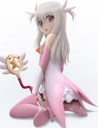 Rule 34 | 1girl, :o, blush, boots, dress, elbow gloves, fate/kaleid liner prisma illya, fate/stay night, fate (series), feather hair ornament, feathers, gloves, feather hair ornament, highres, illyasviel von einzbern, kaleidostick, kneeling, long hair, looking at viewer, looking back, magical girl, pink footwear, prisma illya, red eyes, silver hair, siraha, sitting, solo, thigh boots, thighhighs, wand