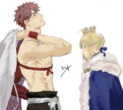 Rule 34 | 1boy, 1girl, ahoge, artoria pendragon (fate), blonde hair, blush, crown, emiya shirou, fate/grand order, fate/stay night, fate (series), from side, limited/zero over, limited palette, looking at another, looking up, matoba (ga6life), red hair, saber (fate), senji muramasa (fate), topless male, signature, simple background, toned, toned male, upper body, white background, wristband
