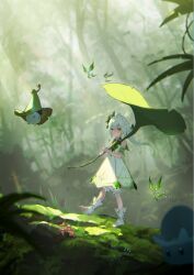 1girl bloomers blurry blurry_background chinese_commentary commentary_request crystalfly_(genshin_impact) day detached_sleeves dream_of_pears dress flower forest fungi_(genshin_impact) genshin_impact highres holding holding_leaf leaf leaf_umbrella lily_pad nahida_(genshin_impact) nature outdoors pointy_ears ponytail sleeveless sleeveless_dress tree underwear walking white_bloomers white_dress white_hair