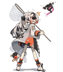 Rule 34 | 1girl, ankle boots, arknights, black skirt, black socks, boots, butterfly net, coat, drone, flying sweatdrops, from behind, grey hair, hand net, holding, holding butterfly net, long hair, looking at object, multicolored hair, open clothes, open coat, open mouth, orange eyes, orange hair, scared, shadow, simple background, skirt, snowsant (arknights), socks, solo, stuffed toy, thurim6, very long hair, white background, white coat, white footwear, white hair