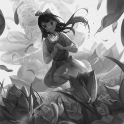 Rule 34 | 1girl, absurdres, bow, buddha, crying, devotion, dress, du meishin, flower, greyscale, hair bow, highres, holding, holding flower, long hair, looking at viewer, monochrome, mrgx18698869, origami, outdoors, own hands together, pinafore dress, sleeveless, sleeveless dress, solo, standing, tulip