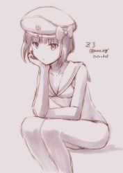 Rule 34 | 1girl, bikini, character name, clothes writing, commentary request, dated, feet out of frame, hand on own chin, hat, kantai collection, looking at viewer, monochrome, nao (nao eg), one-hour drawing challenge, sailor bikini, sailor collar, sailor hat, sepia, short hair, sitting, solo, swimsuit, twitter username, z3 max schultz (kancolle)