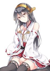 Rule 34 | 10s, 1girl, bare shoulders, black hair, blush, boots, brown eyes, detached sleeves, female focus, hair ornament, hairband, hairclip, haruna (kancolle), headgear, highres, japanese clothes, kantai collection, long hair, looking at viewer, nontraditional miko, ogcmaster, ribbon-trimmed sleeves, ribbon trim, smile, solo, thigh boots, thighhighs, zettai ryouiki