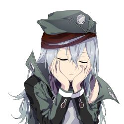 Rule 34 | 1girl, absurdres, blue hair, closed eyes, g11 (girls&#039; frontline), girls&#039; frontline, green headwear, green jacket, hands on own face, highres, jacket, long hair, open clothes, open jacket, open mouth, shirt, solo, suprii, upper body, white background, white shirt