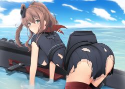 Rule 34 | 10s, all fours, black dress, blue eyes, breasts, brown hair, burnt clothes, cloud, cloudy sky, day, dress, flight deck, from behind, hair ribbon, hanging breasts, highres, impossible clothes, isane, kantai collection, large breasts, looking at viewer, partially submerged, ponytail, red thighhighs, ribbon, saratoga (kancolle), saratoga mk ii (kancolle), short sleeves, side ponytail, sky, smokestack, solo, thighhighs, thighs, torn clothes, water
