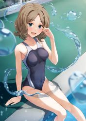 Rule 34 | 1girl, :d, adjusting hair, arm support, bare legs, black one-piece swimsuit, blue eyes, blush, breasts, brown hair, collarbone, commentary request, competition swimsuit, covered navel, fantasy, fence, highres, hydrokinesis, k3rd, legs, looking at viewer, multicolored clothes, multicolored swimsuit, one-piece swimsuit, open mouth, parted bangs, parted hair, pool, poolside, psychic, school swimsuit, science fiction, short hair, sitting, smile, soaking feet, solo, swimsuit, thighs, toaru kagaku no railgun, toaru majutsu no index, tokiwadai school swimsuit, wannai kinuho, water, water drop, wet