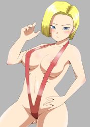 Rule 34 | 1girl, android 18, breasts, dragon ball, dragonball z, female focus, highres, nipples, poron (pixiv id 17549041), swimsuit