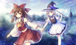 Rule 34 | 2girls, apron, ascot, bad id, bad pixiv id, black dress, blonde hair, blue sky, bow, broom, brown hair, church, clock, clock tower, cloud, day, detail, dress, hair bow, hair tubes, hakurei reimu, holding hands, hat, hat bow, kirisame marisa, light particles, long sleeves, midriff, multiple girls, navel, puffy sleeves, red eyes, shirt, short sleeves, skirt, skirt set, sky, smile, touhou, tower, town, waist apron, wide sleeves, witch hat, yellow eyes, yezhi na