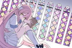 Rule 34 | 1girl, ahoge, blue archive, book, braid, church, closed mouth, halo, highres, holding, holding book, kneehighs, knees up, long hair, looking at viewer, nogiwa kaede, pink hair, pink halo, pleated skirt, shirt, shoes, short sleeves, sitting, skirt, smile, socks, solo, stained glass, white footwear, white shirt, white skirt, white socks, window, yellow eyes