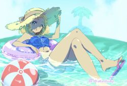 Rule 34 | 1girl, adjusting clothes, adjusting headwear, alternate costume, aqua eyes, ball, bare legs, barefoot, beachball, blonde hair, blue sky, blue tube top, breasts, cloud, cloudy sky, commentary, crossed legs, day, full body, hat, innertube, island, legs, looking at viewer, medium breasts, midriff, navel, nintendo, ocean, open mouth, outdoors, parted bangs, partially submerged, pink footwear, princess zelda, sandals, shade, short hair, shuri (84k), sky, sleeveless, solo, strapless, straw hat, sun hat, sunlight, swim ring, the legend of zelda, the legend of zelda: breath of the wild, the legend of zelda: tears of the kingdom, thick eyebrows, thighs, tube top, twitter username