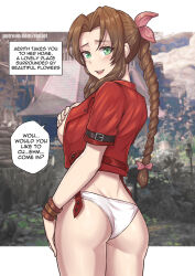 Rule 34 | 1girl, aerith gainsborough, alternate breast size, ass, braid, braided ponytail, breasts, brown hair, covering breasts, covering privates, cropped jacket, english text, final fantasy, final fantasy vii, from behind, green eyes, hair ribbon, jacket, large breasts, long hair, looking at viewer, looking back, no pants, open mouth, paid reward available, panties, parted bangs, pink ribbon, red jacket, redjet, ribbon, smile, solo, speech bubble, underwear, wedgie, white panties