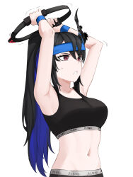 Rule 34 | 1girl, absurdres, ameiarts, armpits, arms up, black hair, black pants, black sports bra, blue hair, blue headband, breasts, colored inner hair, exercising, headband, high ponytail, highres, hololive, hololive english, horns, large breasts, mole, mole under eye, multicolored hair, navel, nerissa ravencroft, pants, red eyes, ring fit adventure, simple background, solo, sports bra, sportswear, stomach, sweat, two-tone hair, upper body, virtual youtuber, white background, yoga pants