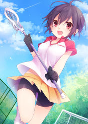 Rule 34 | 1girl, :d, antenna hair, bike shorts, black gloves, black hair, blue sky, blush, breasts, cloud, cloudy sky, day, dutch angle, fang, gloves, hair between eyes, highres, holding, kuroi (liar-player), lacrosse, lacrosse stick, leg up, looking at viewer, medium breasts, moe2017, open mouth, original, outdoors, pink eyes, pleated skirt, short hair, short sleeves, shorts, shorts under skirt, skirt, sky, smile, solo, standing, standing on one leg, yellow skirt