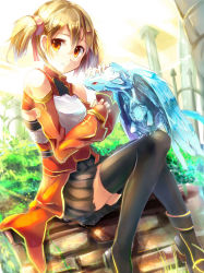 Rule 34 | 10s, 1girl, armor, bird, black thighhighs, breastplate, brown hair, dragon, highres, looking at viewer, orange eyes, pina (sao), railing, sakura ani, short twintails, silica, sitting, skirt, smile, solo, sword art online, thighhighs, twintails
