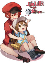 Rule 34 | 10s, 2girls, = =, ahoge, bag, baseball cap, beret, boots, brown eyes, cross-laced footwear, closed eyes, full body, hat, hataraku saibou, highres, jacket, light brown hair, long hair, multiple girls, open mouth, outstretched arms, platelet (hataraku saibou), red blood cell (hataraku saibou), red hair, red jacket, shirt, shoes, short hair, shorts, shoulder bag, signature, simple background, sitting, sitting on lap, sitting on person, spread legs, throwing, white background, yamacchi
