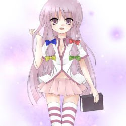 Rule 34 | 1girl, :d, alternate costume, blue bow, book, bow, female focus, green bow, grimoire, hair bow, holding, holding book, looking at viewer, matching hair/eyes, miniskirt, multi-tied hair, multiple hair bows, navel, open mouth, patchouli knowledge, patterned legwear, pink bow, pleated skirt, purple eyes, purple hair, red bow, sakaki chihiro, skirt, smile, solo, standing, striped clothes, striped thighhighs, thighhighs, touhou, two-tone stripes, yellow bow, zettai ryouiki